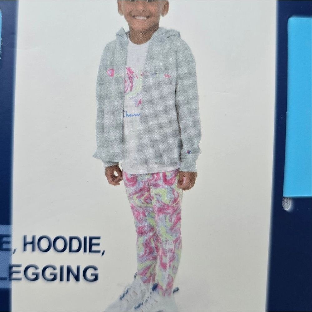 Champion Girls 3 Piece Tee, Hoodie & Legging Set Grey Multicolor Marble Size 18m